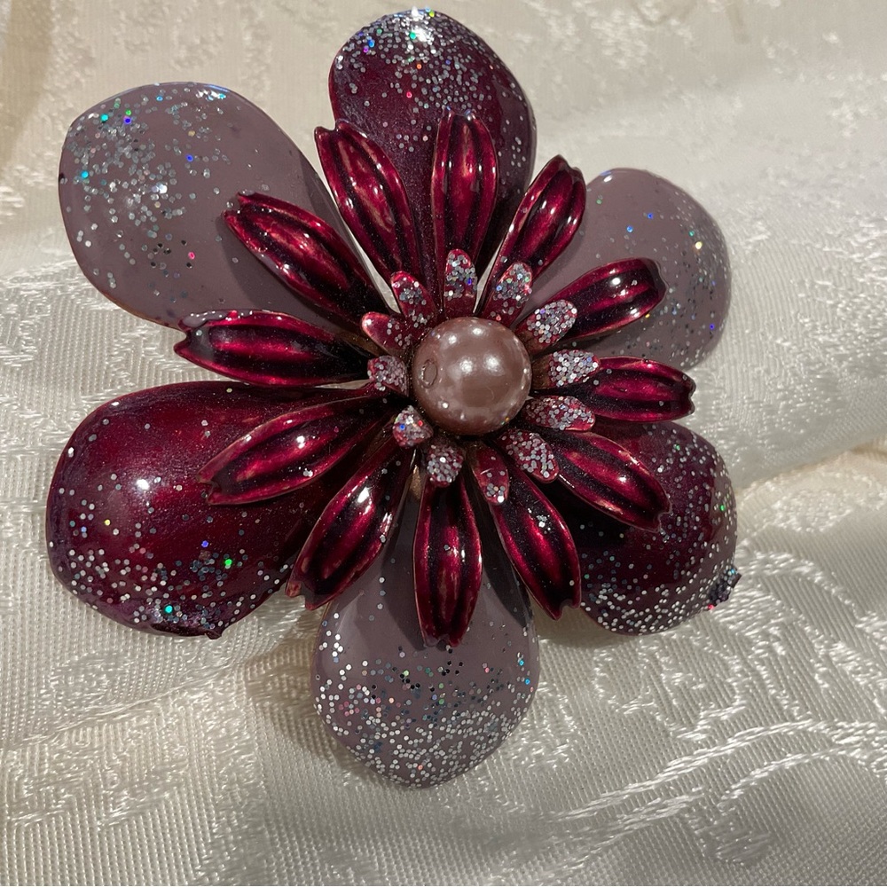Vintage Purple and Silver Large Metal Floral Brooch